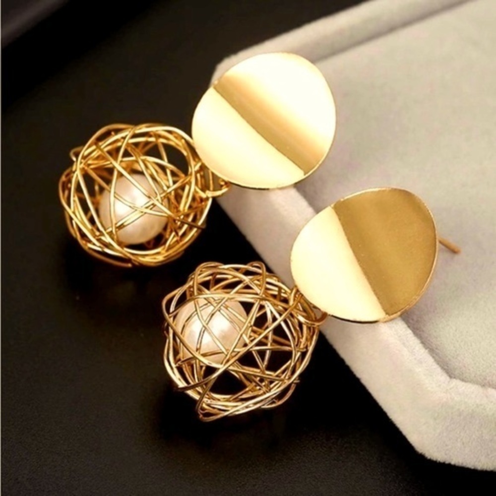 14K Gold Ball Earrings, Spiral Woven Geometric Knitting Ball Pearl